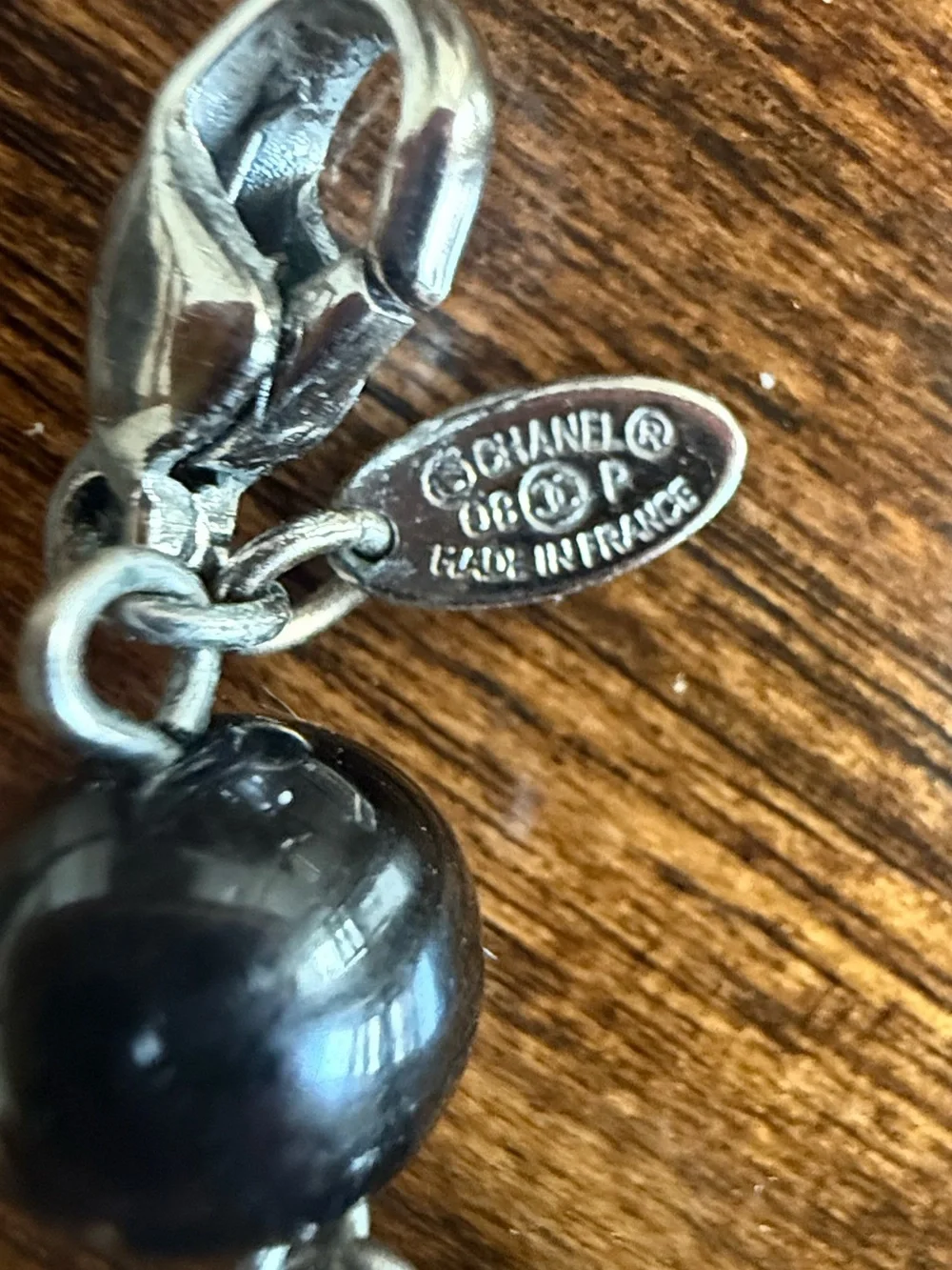 CHANEL Silver-Tone Logo Charm with Black and Gray Beads Necklace ❤️
